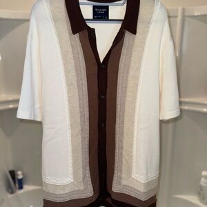 Abercrombie Cream and Brown Short Sleeve Sweater Button-Up